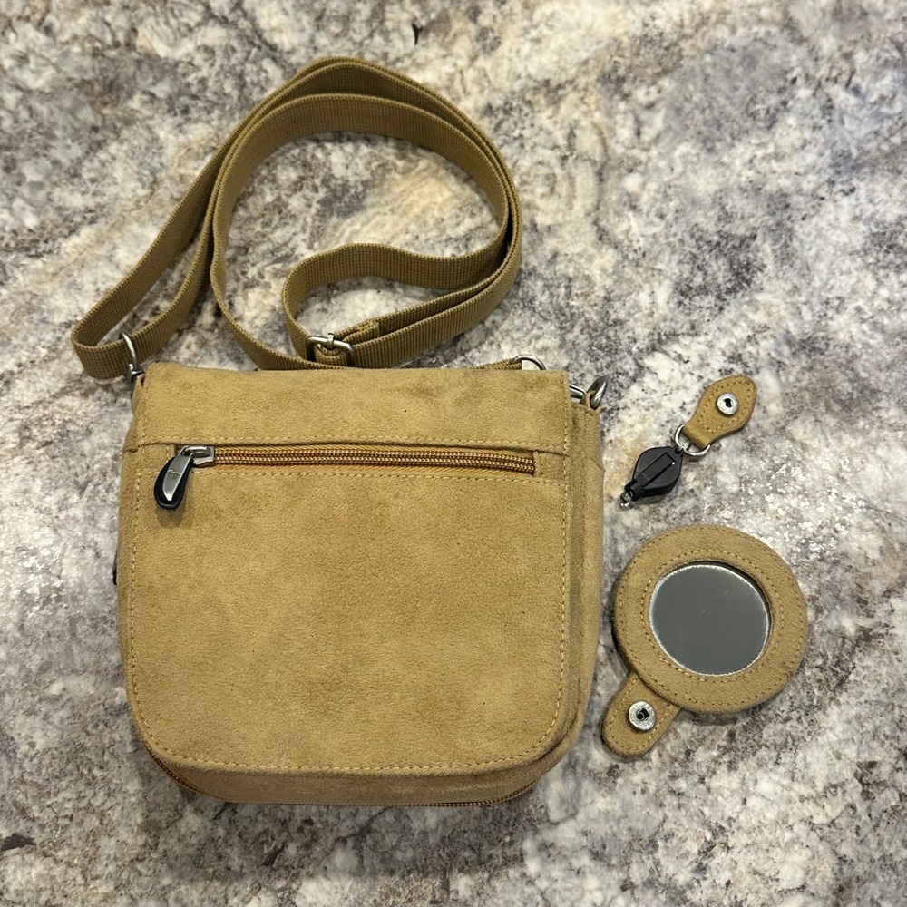 Travelon Anti Theft Crossbody Bag Mirror & LED Light Convertible Belt Tan Suede